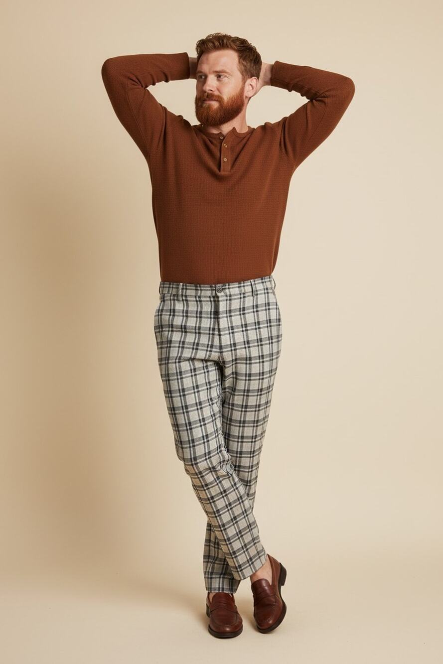 Men's Plaid Sartorino Beige Luxurious Italian Cotton Pants Size 48,Italy